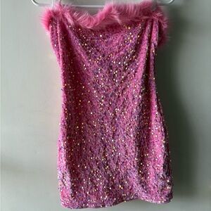Pink Sequin Dress with Faux Fur Trim